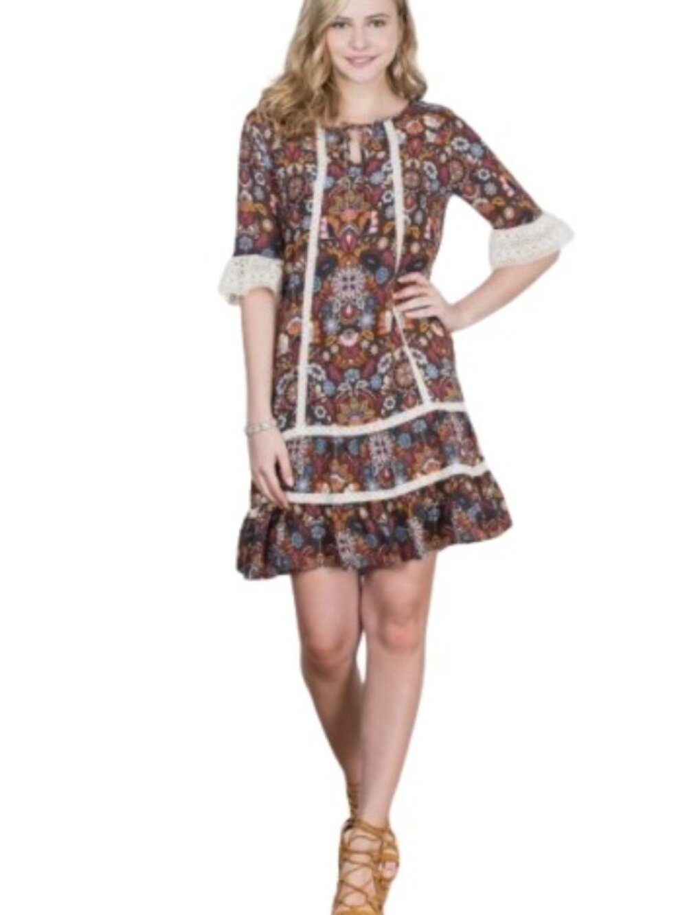 Matilda Jane Womens Intermission Shift Dress Brown Medallion Floral Lace Trim XS